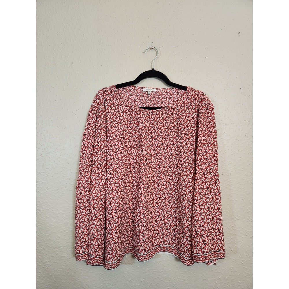 Max Studio Womens Medium Red Floral Blouse Long Bell Sleeve Round Neck 9708D33